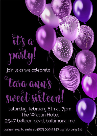 Purple And Black Balloon Sweet 16 Party Invitations