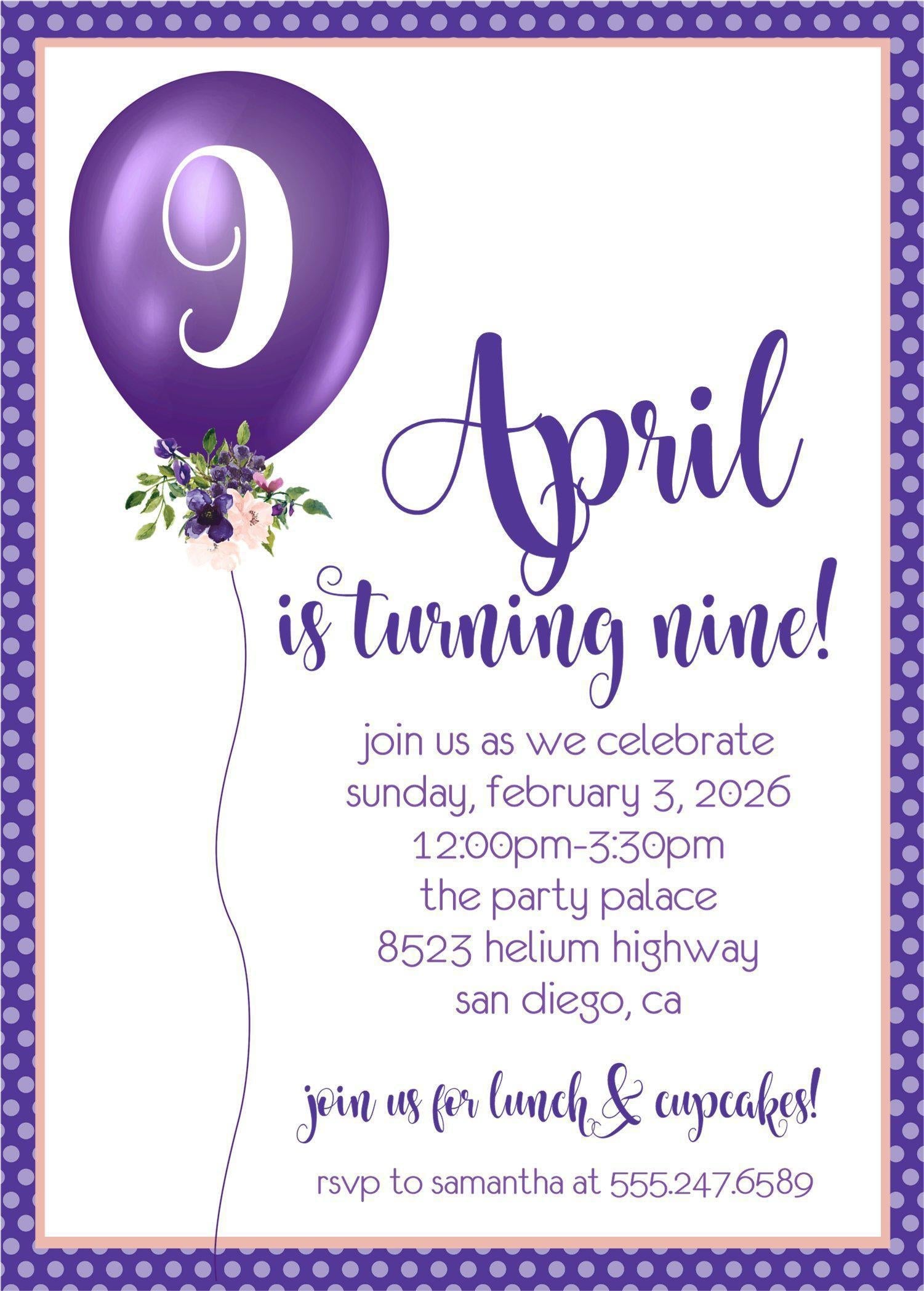 Purple Balloon Birthday Party Invitations