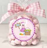 Purple Easter bunny sticker with sign and basket personalized for Easter favors