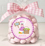 Purple Easter bunny sticker with sign and basket personalized for Easter favors