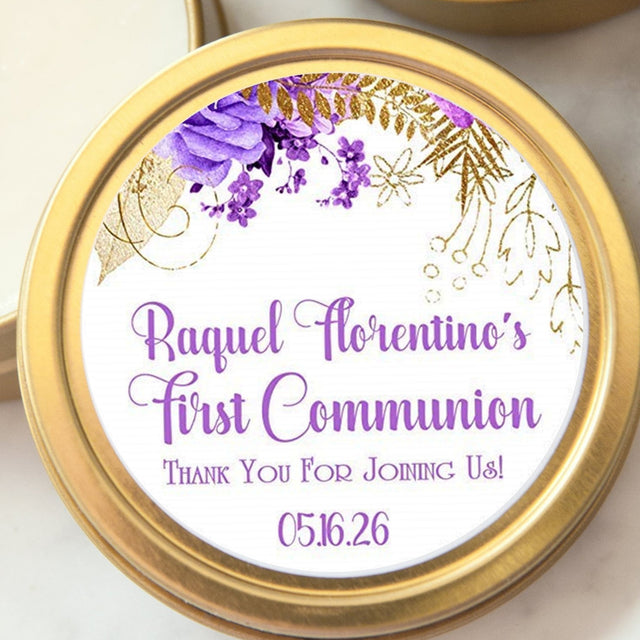 Purple and gold floral First Communion sticker