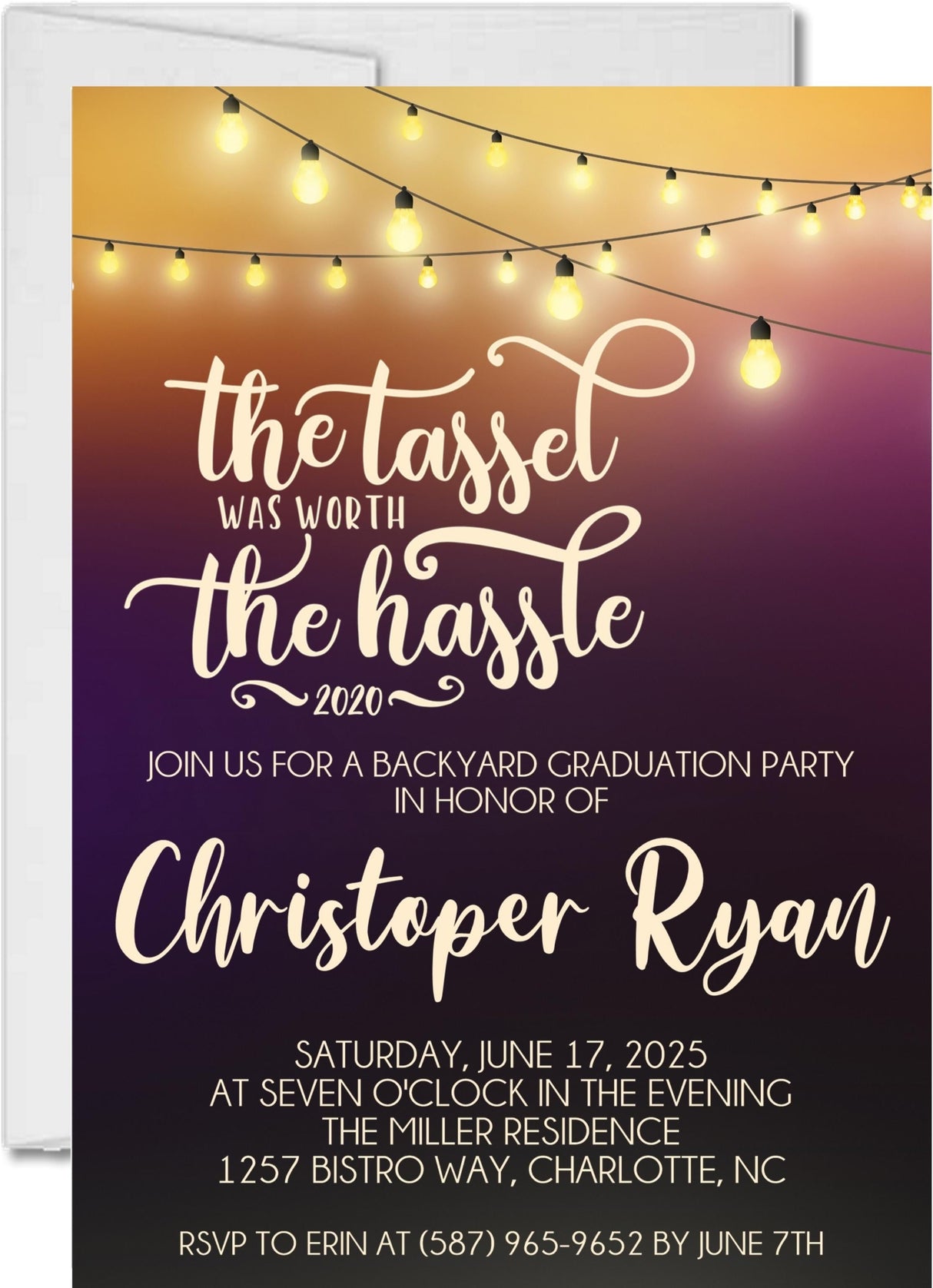 Purple and gold graduation party invitation with tassel quote and string lights