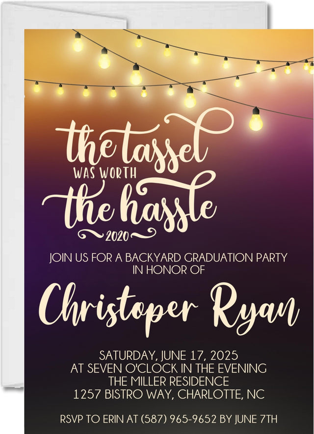 Purple and gold graduation party invitation with tassel quote and string lights