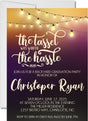 Purple and gold graduation party invitation with tassel quote and string lights