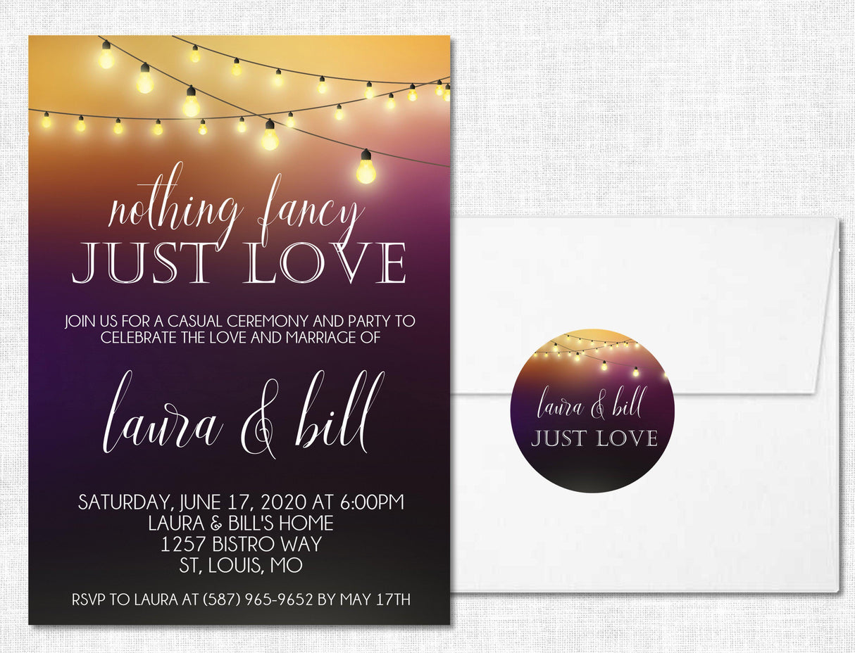 Purple and gold wedding invitation collection featuring illuminated bistro light artwork