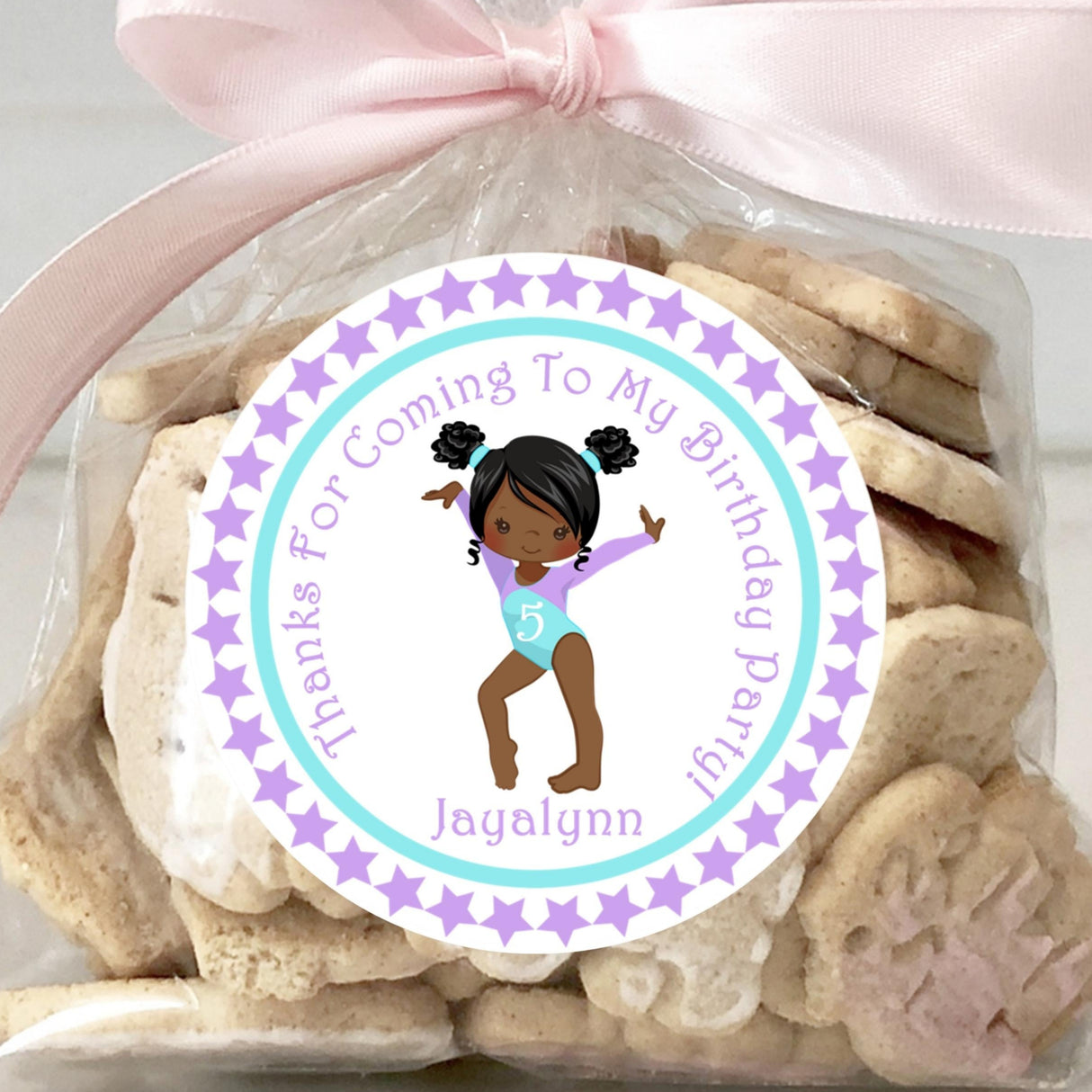 Purple and teal gymnastics birthday sticker with personalized name