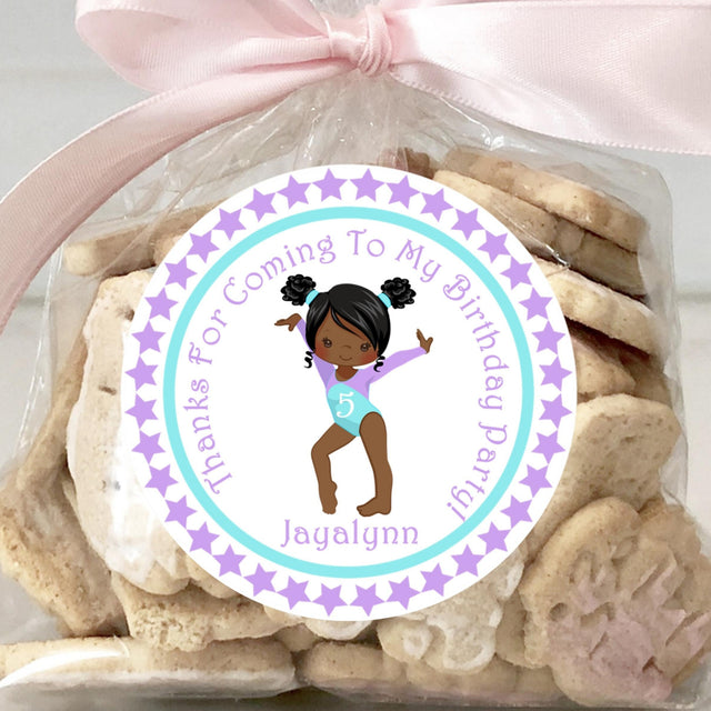 Purple and teal gymnastics birthday sticker with personalized name