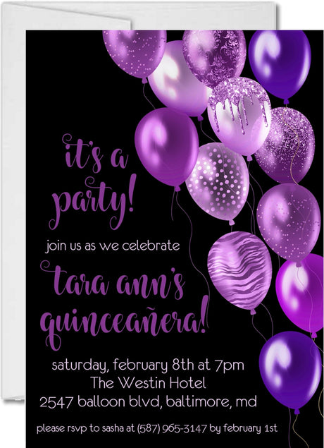Purple black quinceanera invitation