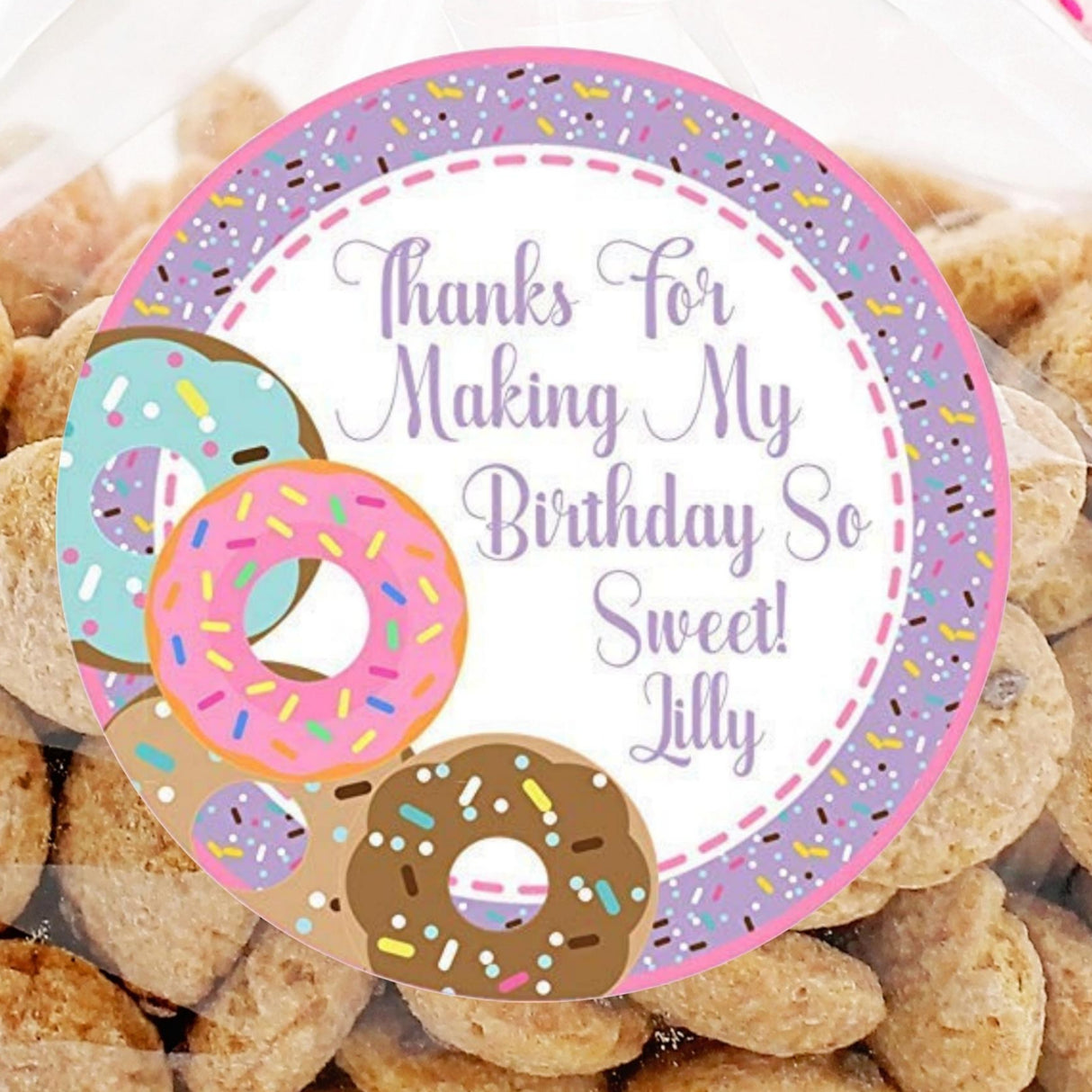 Purple donut birthday sticker with pink sprinkle border