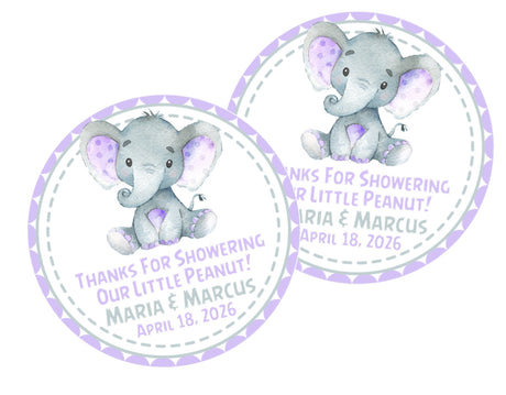 Lavender elephant baby shower stickers – Little Peanut watercolor design