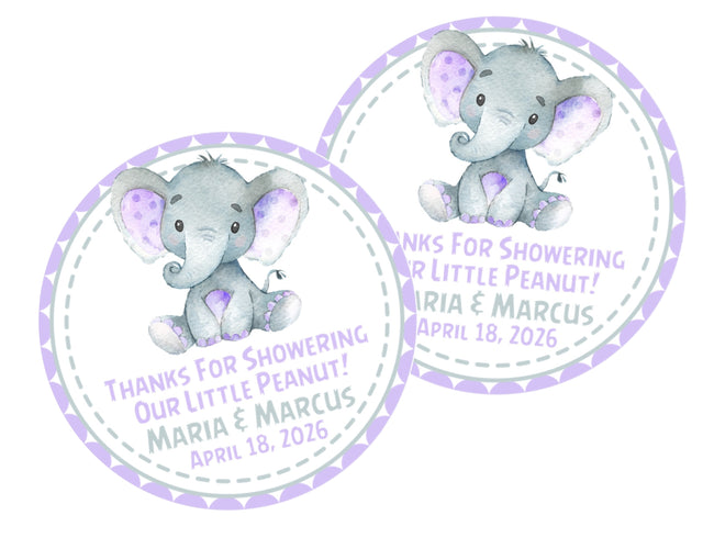 Lavender elephant baby shower stickers – Little Peanut watercolor design