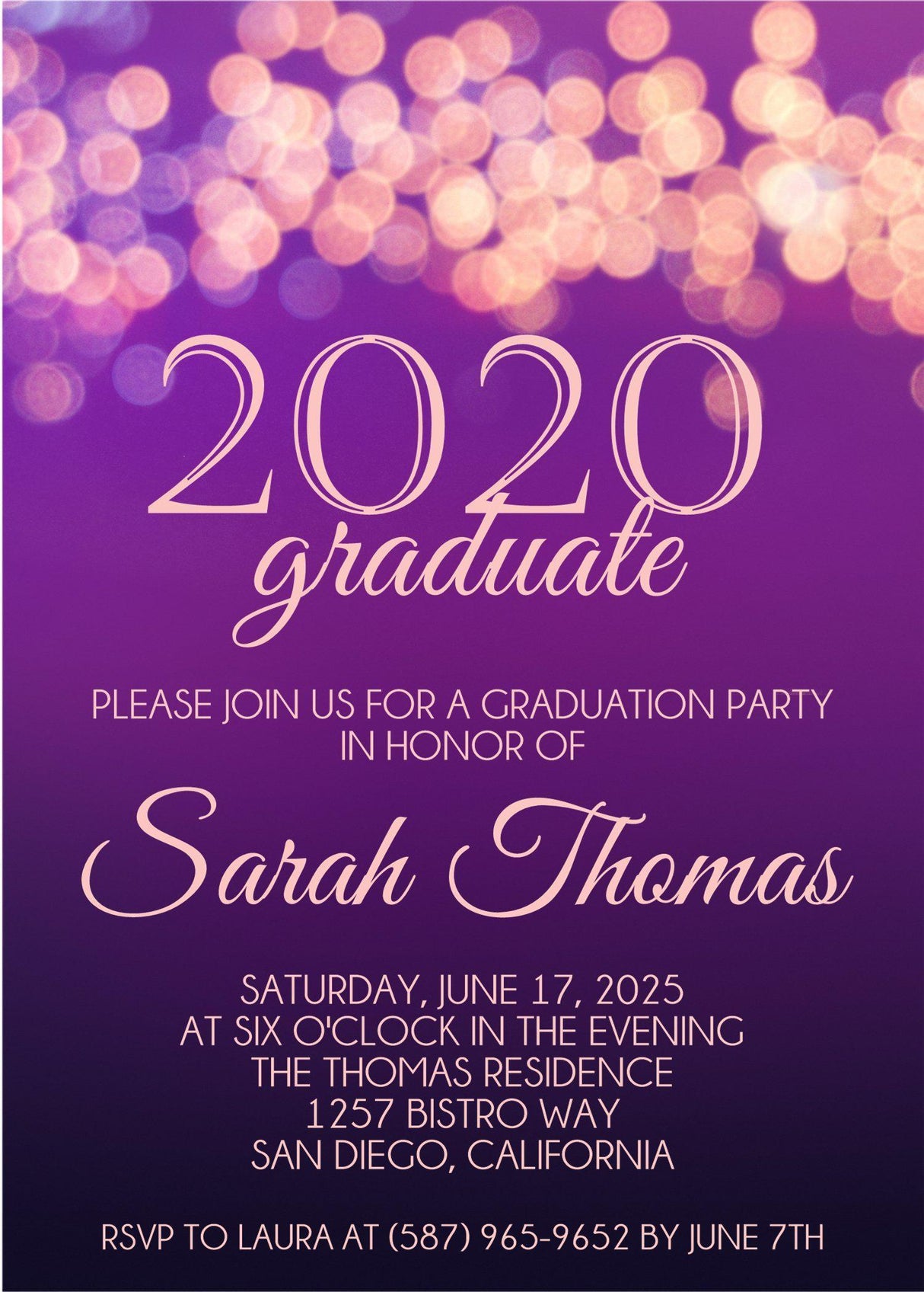 Purple evening graduation party invitation with lights