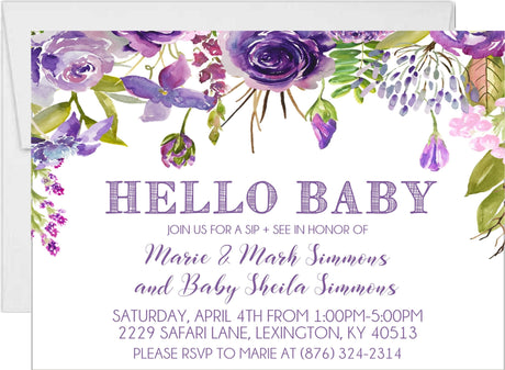 Purple floral Sip & See baby invitation with watercolor flowers