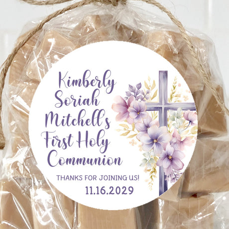 Purple floral cross First Holy Communion sticker for girls