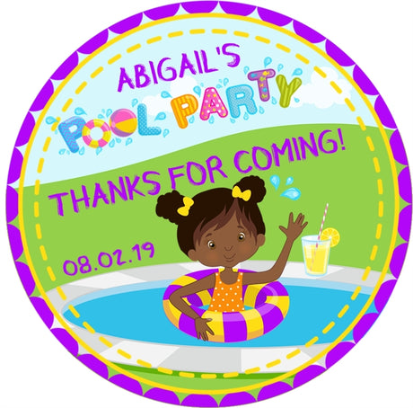 Purple girls pool party sticker for birthday