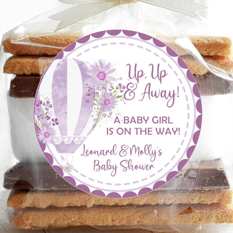 Purple hot air balloon baby shower favor stickers with flowers