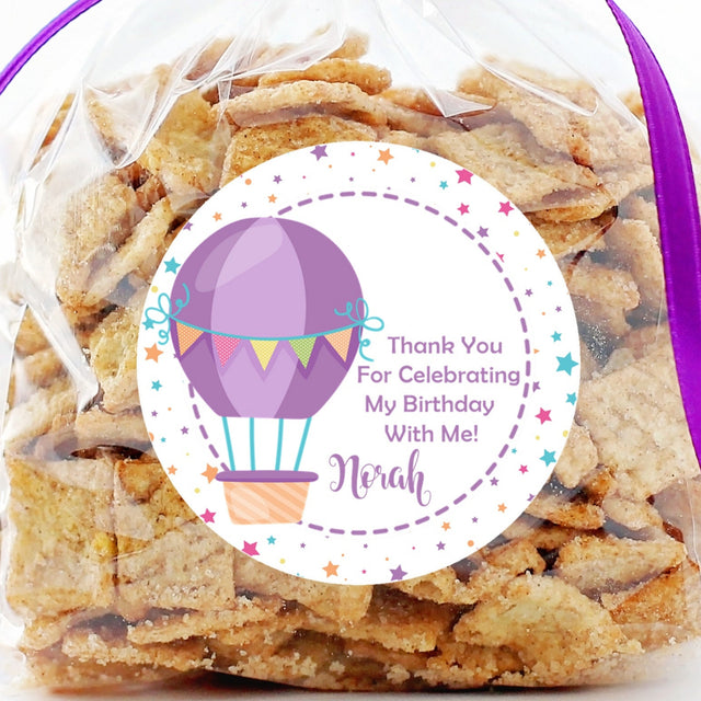 Purple hot air balloon birthday sticker with stars
