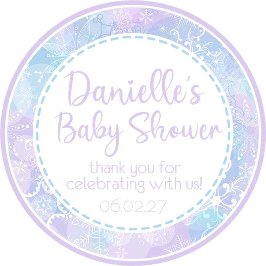 Purple snowflake baby shower sticker with snowflake border design