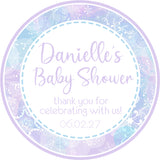 Purple snowflake baby shower sticker with snowflake border design