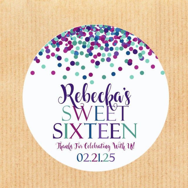 Purple teal confetti Sweet 16 personalized sticker