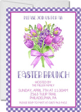 Purple tulip Easter brunch invitation with gingham border