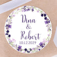 Purple wildflower wreath wedding sticker with personalized names and wedding date