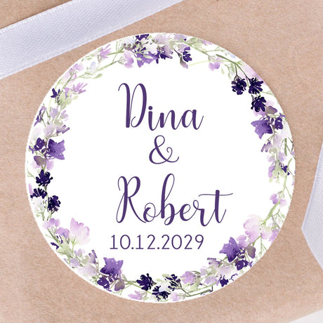 Purple wildflower wreath wedding sticker with personalized names and wedding date