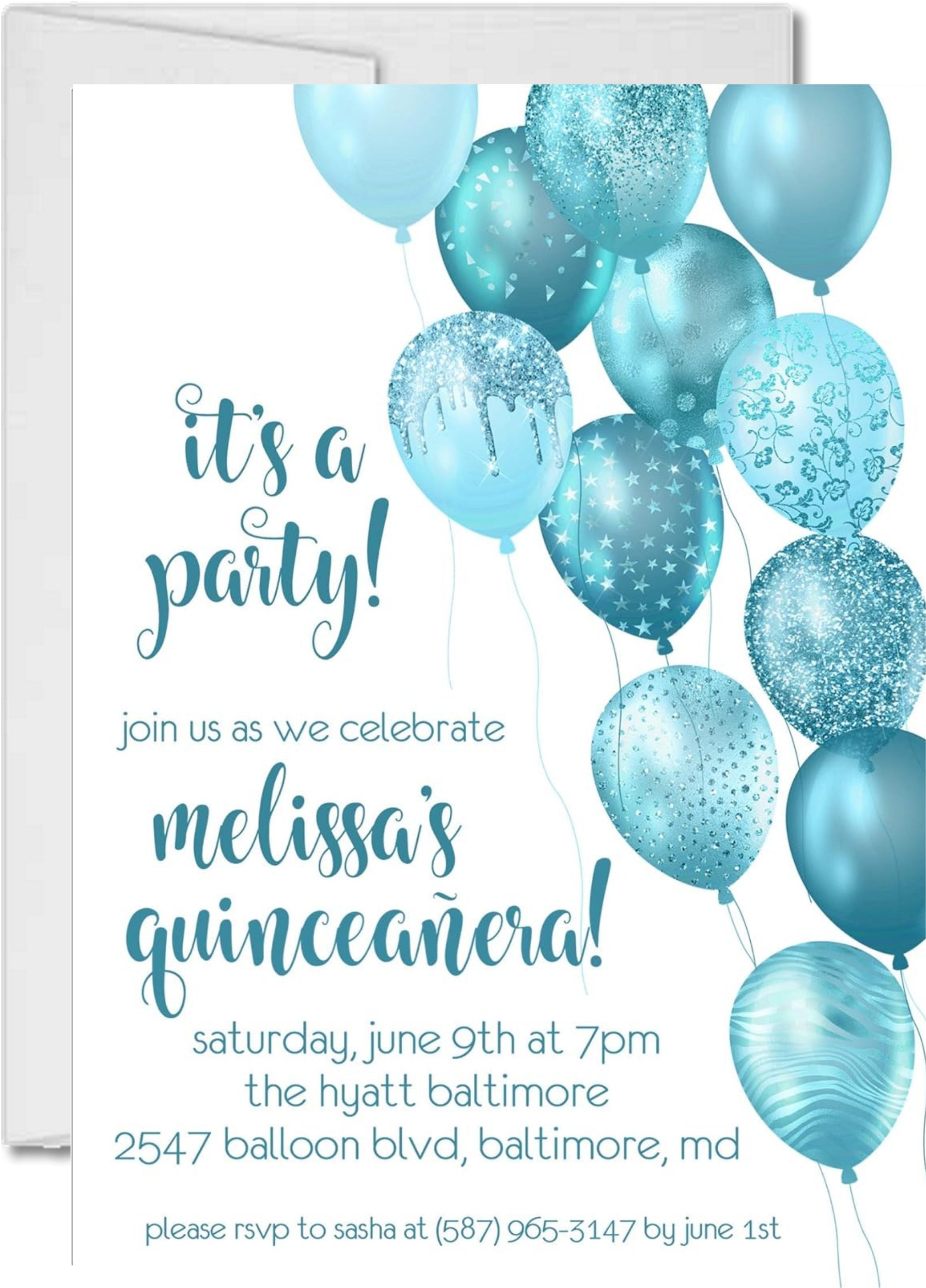 Turquoise Balloon Quinceanera Invitations