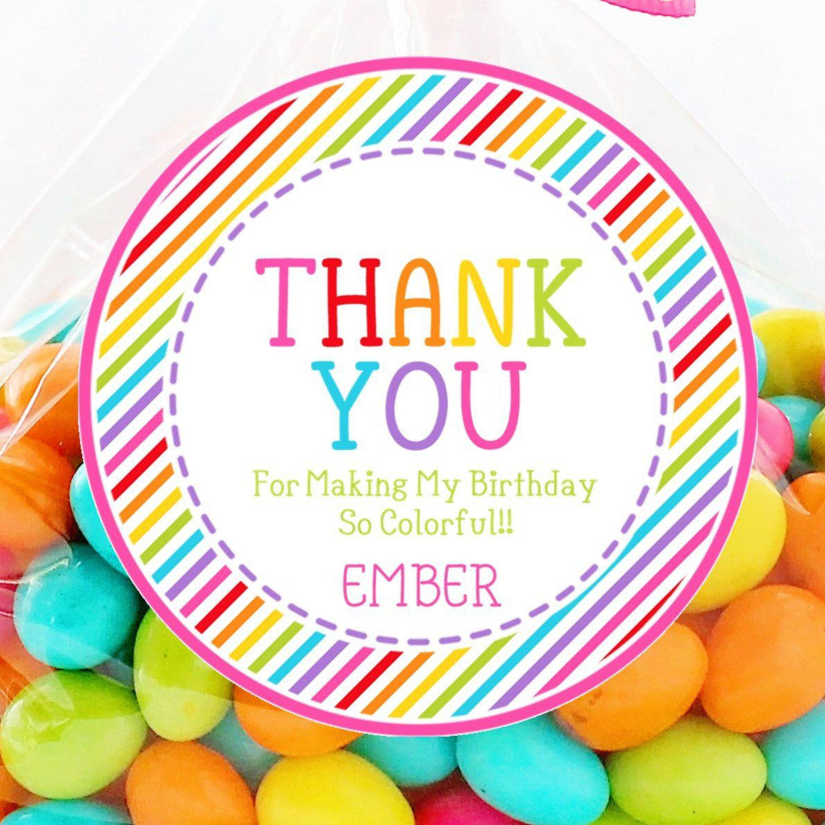 Rainbow birthday sticker with multicolor stripes and personalized name