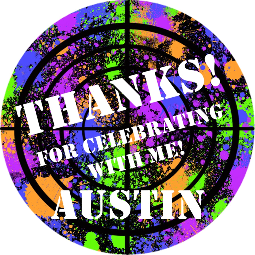 Rainbow paint splatter paintball birthday sticker with target rings