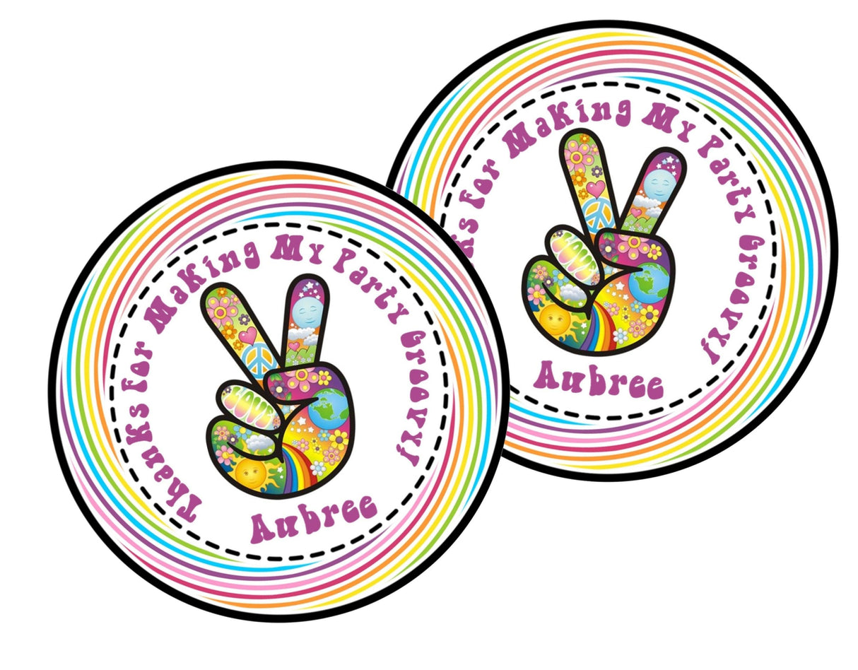 Rainbow peace sign hippie party sticker personalized