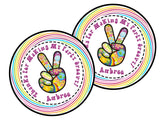Rainbow peace sign hippie party sticker personalized