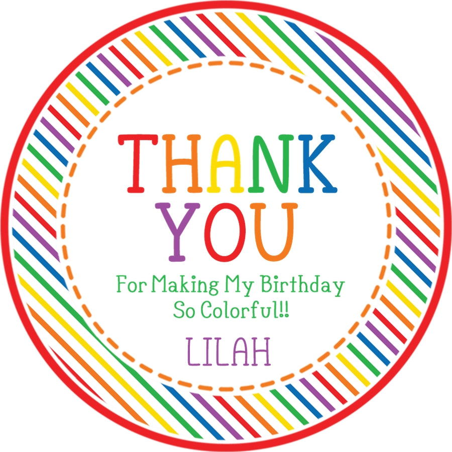 Rainbow stripe birthday thank you favor stickers
