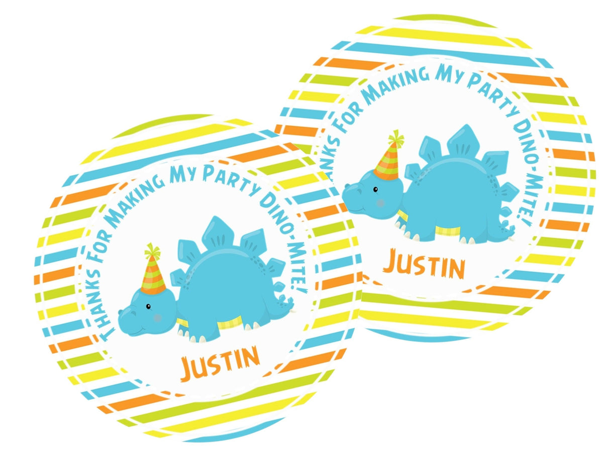 Rainbow stripe dinosaur party favor label