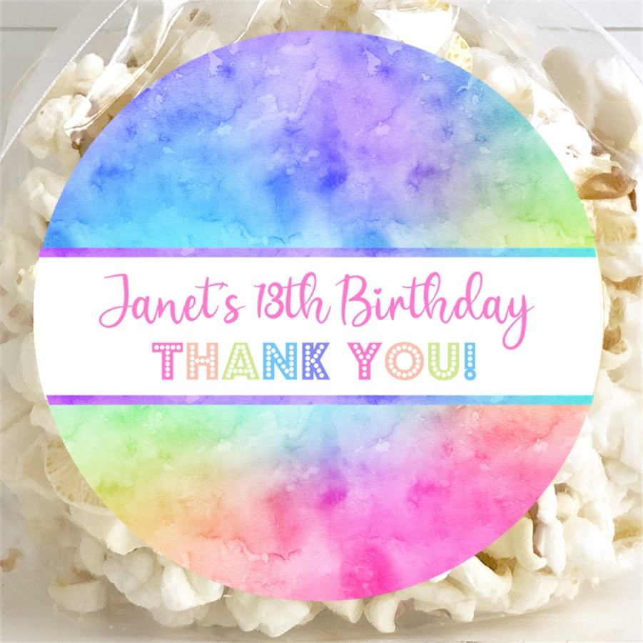 Rainbow tie dye watercolor birthday favor sticker