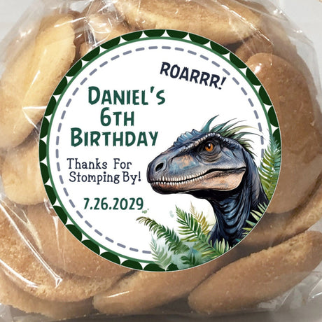Raptor dinosaur head birthday sticker with custom text