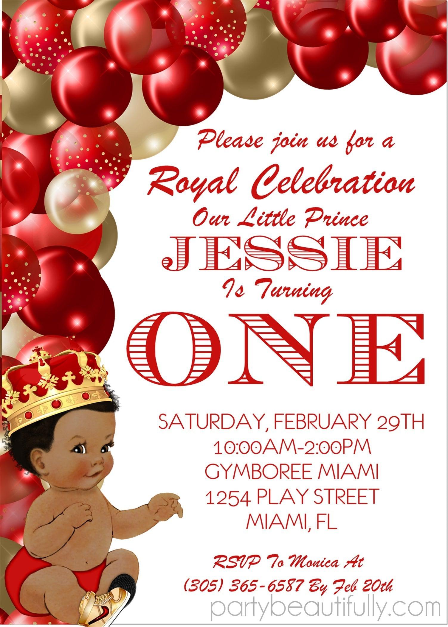 Red And Gold Prince 1st Birthday Party Invitations