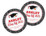 Sheet of red and black graduation stickers – word-pattern background