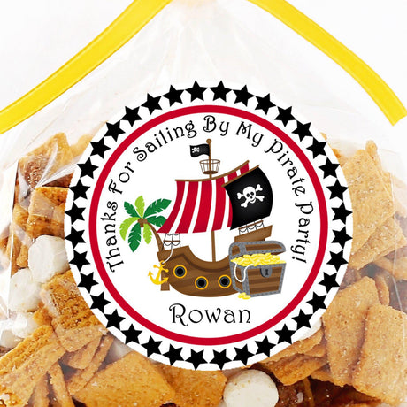 Red and black pirate ship birthday sticker with treasure chest