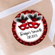 Red and black tufted masquerade Sweet 16 sticker with printed glitter edge