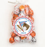 Red and blue baseball party thank you label