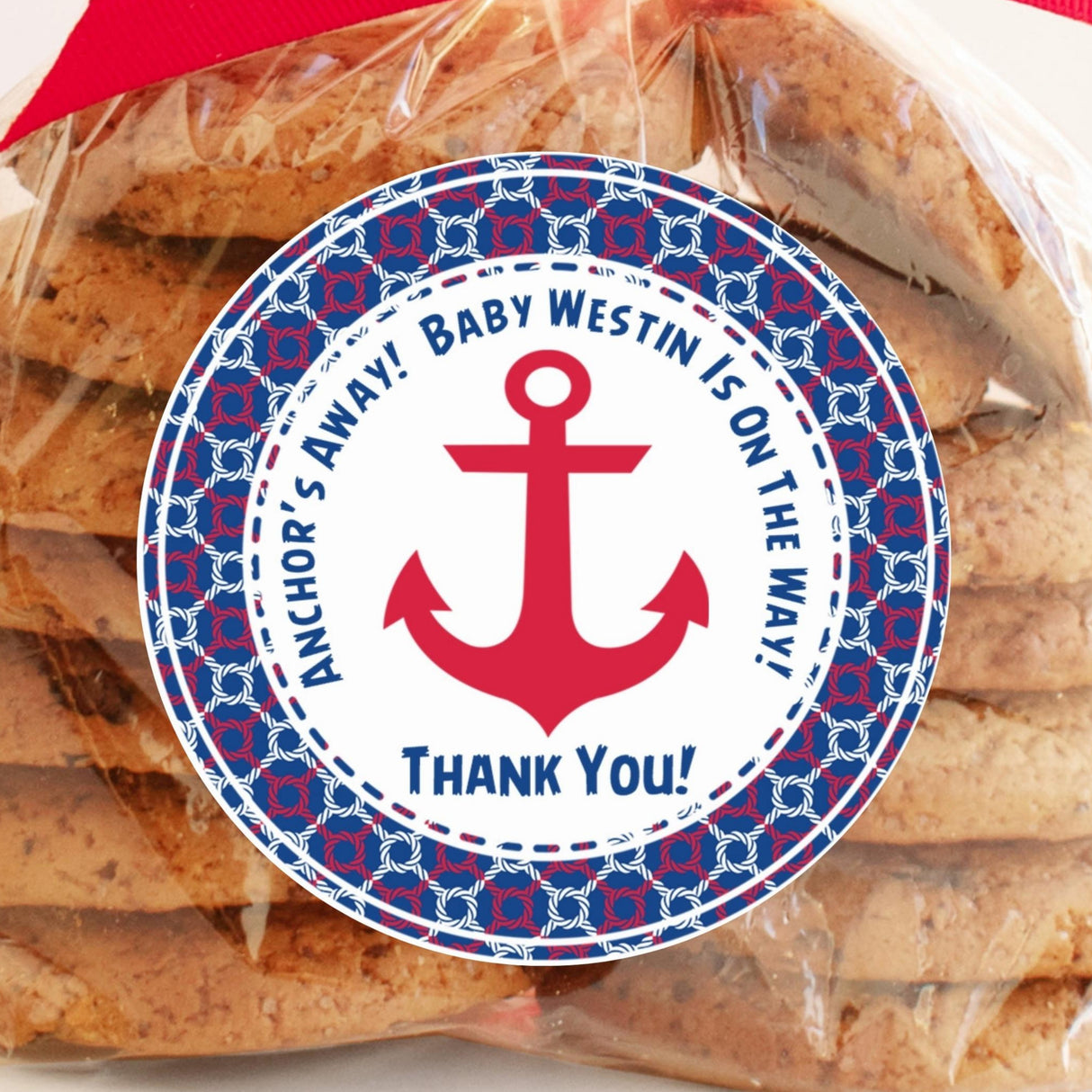 Red and blue nautical anchor baby shower sticker