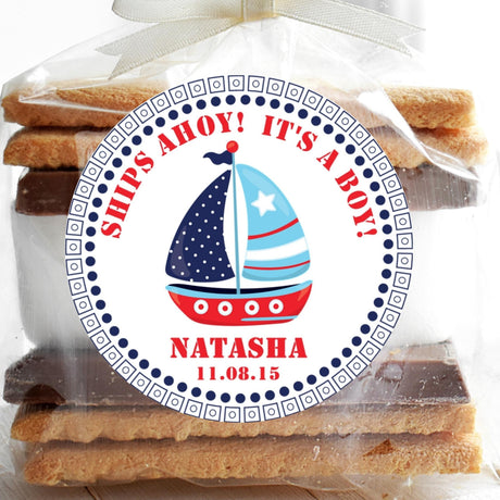 Red and blue sailboat baby shower sticker