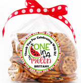 Red and green One in a Melon birthday sticker with child’s name