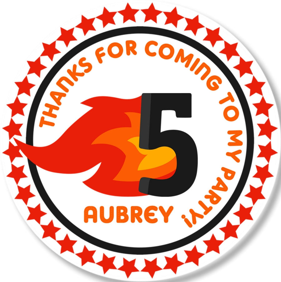 Red and orange fire theme party label