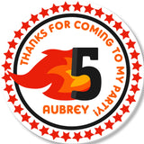 Red and orange fire theme party label