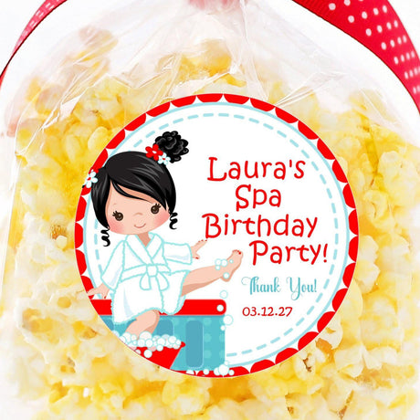 Red and turquoise spa birthday sticker with character and spa accessories