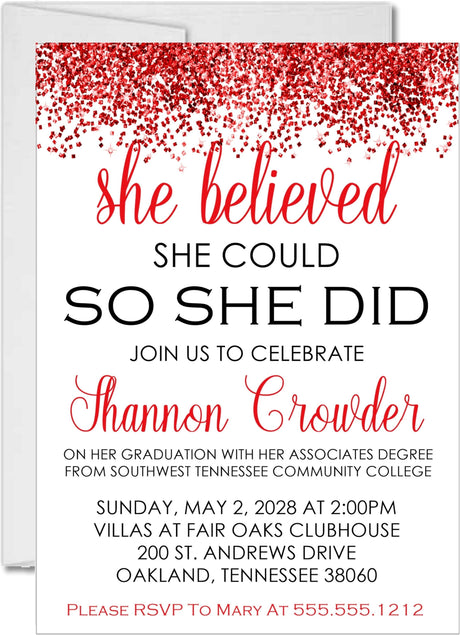 Red and white graduation party invitation with confetti and inspirational quote