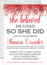 Red and white graduation party invitation with confetti and inspirational quote