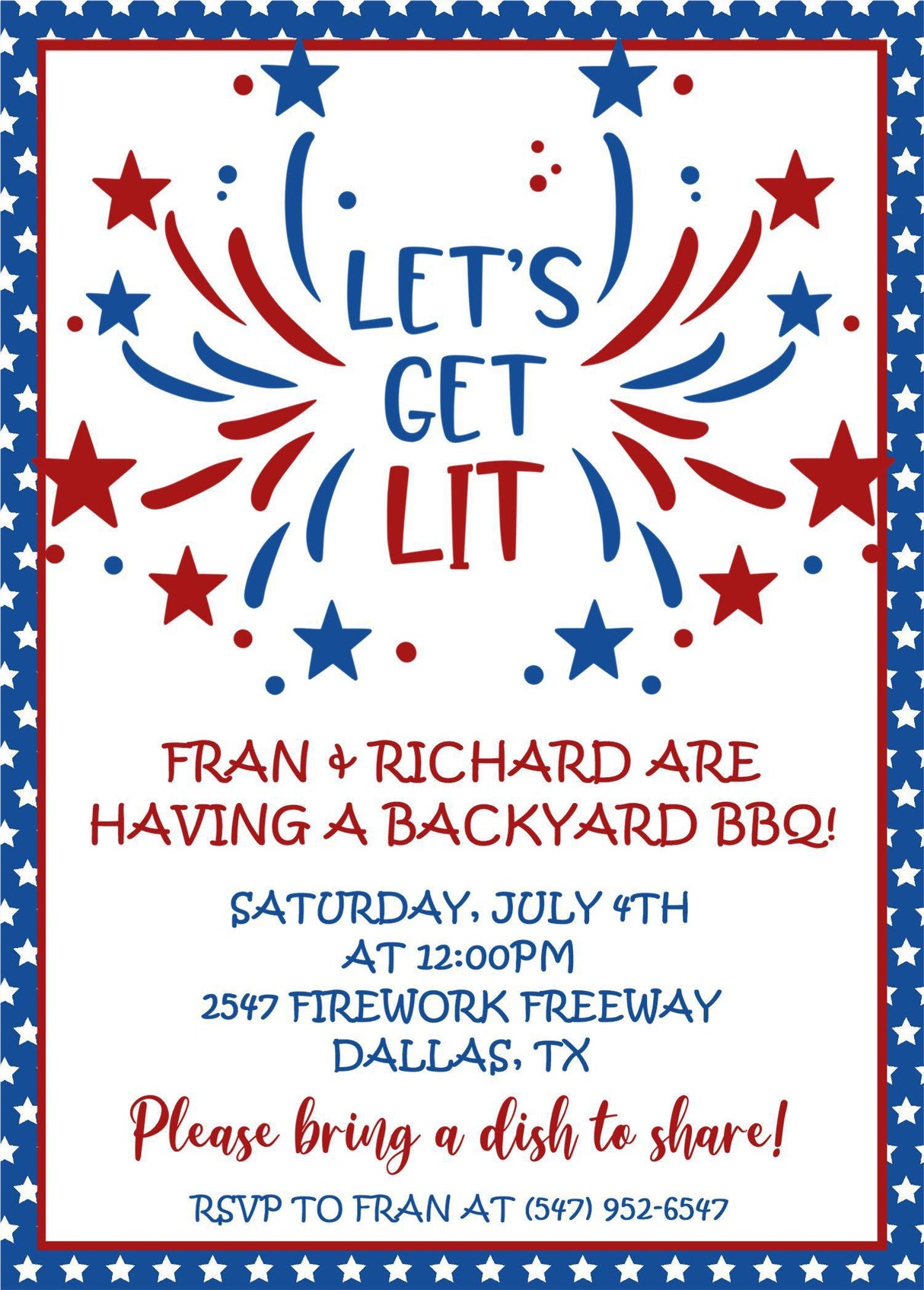 Red blue fireworks Independence Day backyard party invitation